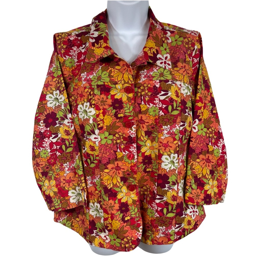 Retro Floral Print Linen Cotton Blend Jacket M Orange Gold - Picture 11 of 11